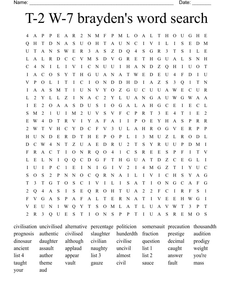 T-2 W-7 brayden's word search