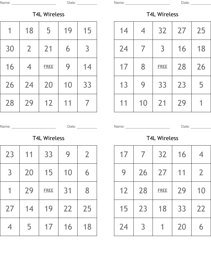 T4L Wireless  Bingo Cards