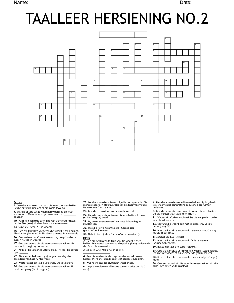 TAALLEER HERSIENING NO.2 Crossword