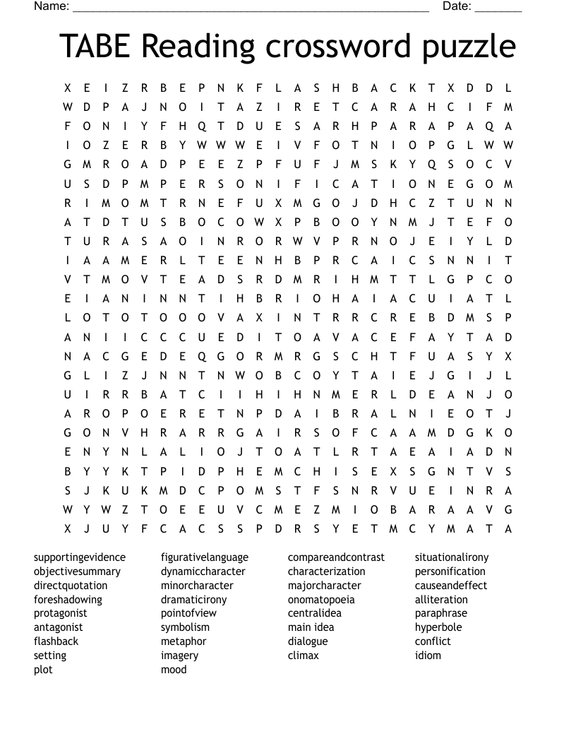 TABE Reading crossword puzzle Word Search