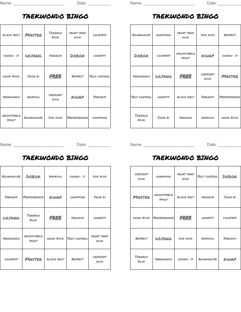 TAEKWONDO BINGO