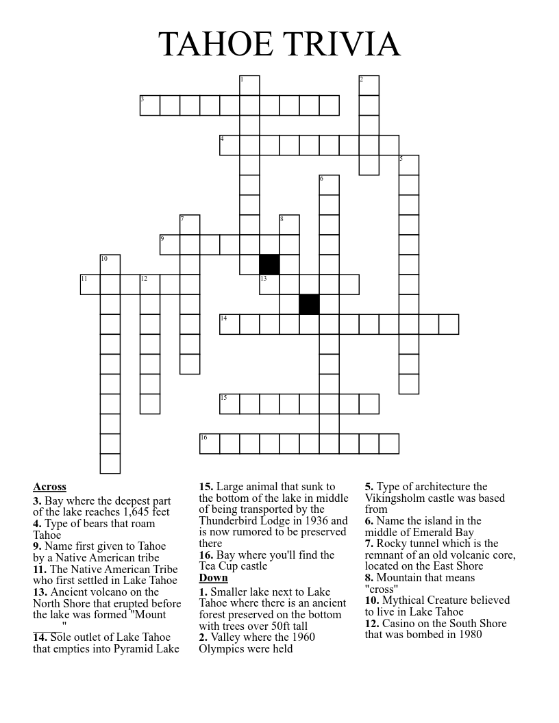 TAHOE TRIVIA Crossword