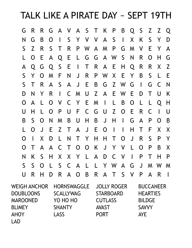 TALK LIKE A PIRATE DAY ~ SEPT 19TH Word Search