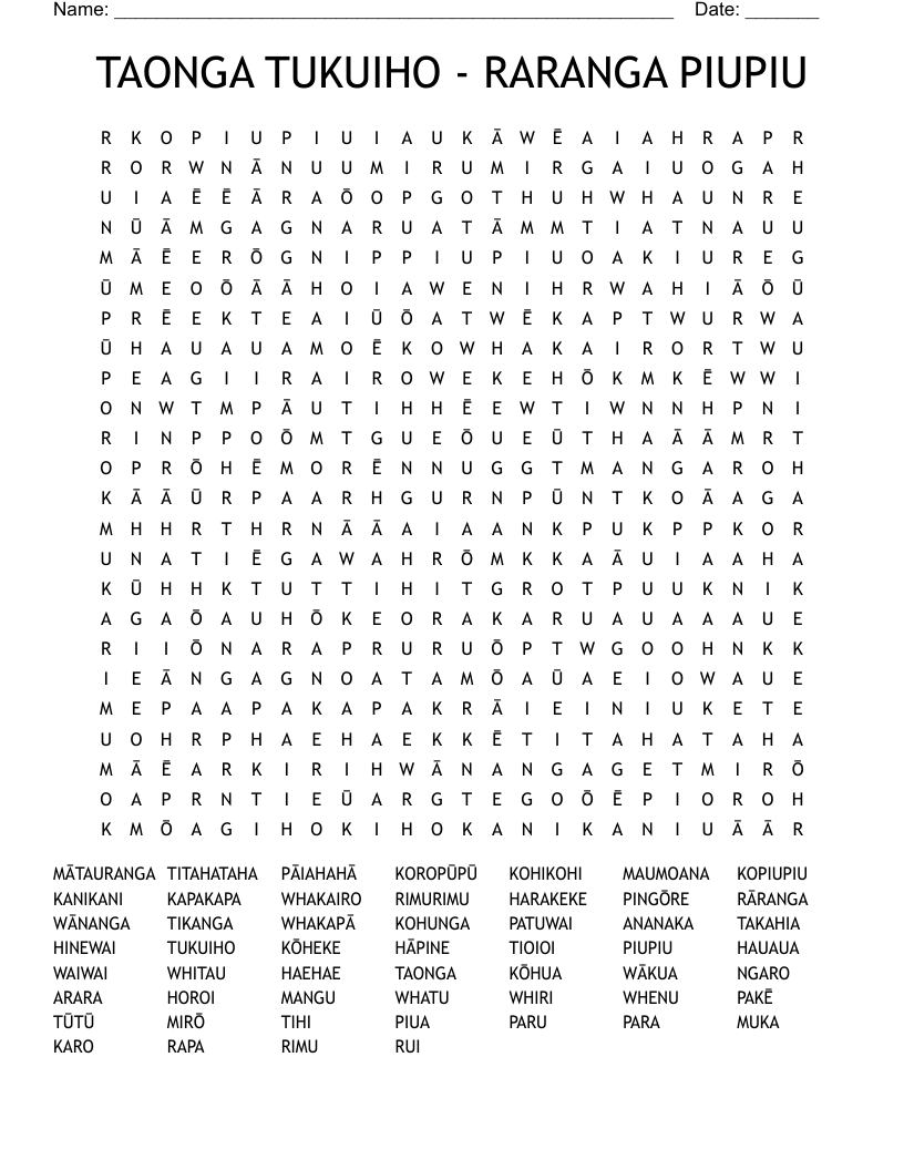 TAONGA TUKUIHO - RARANGA PIUPIU Word Search
