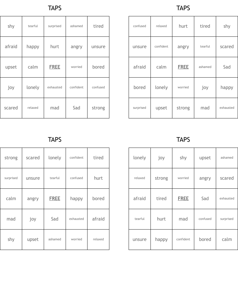 TAPS Bingo Cards