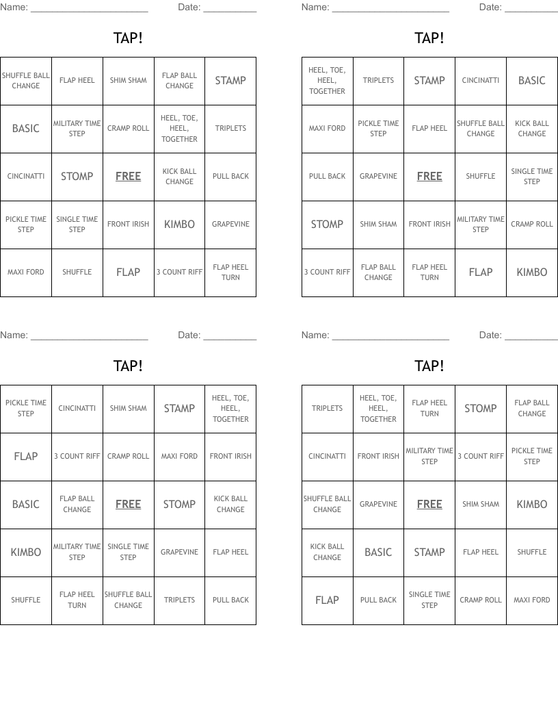 TAP! Bingo Cards