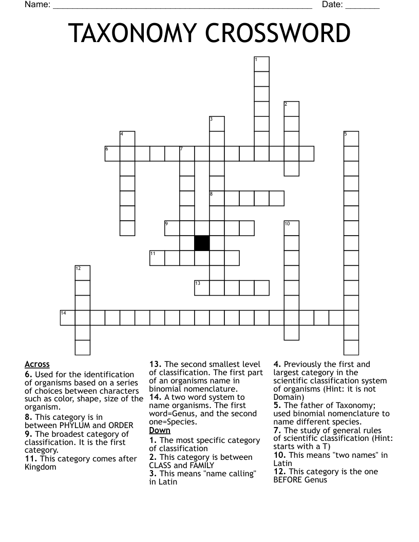 TAXONOMY CROSSWORD