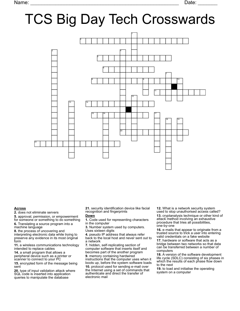 TCS Big Day Tech Crosswards Crossword