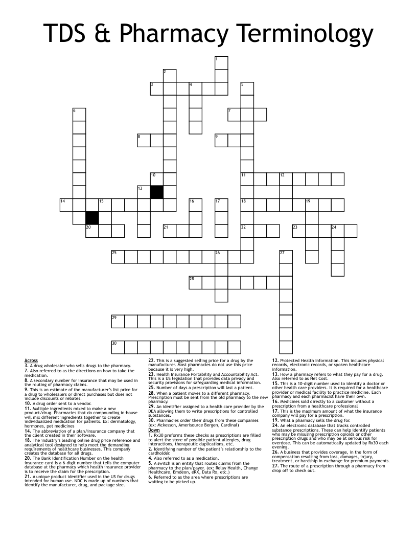 TDS & Pharmacy Terminology Crossword