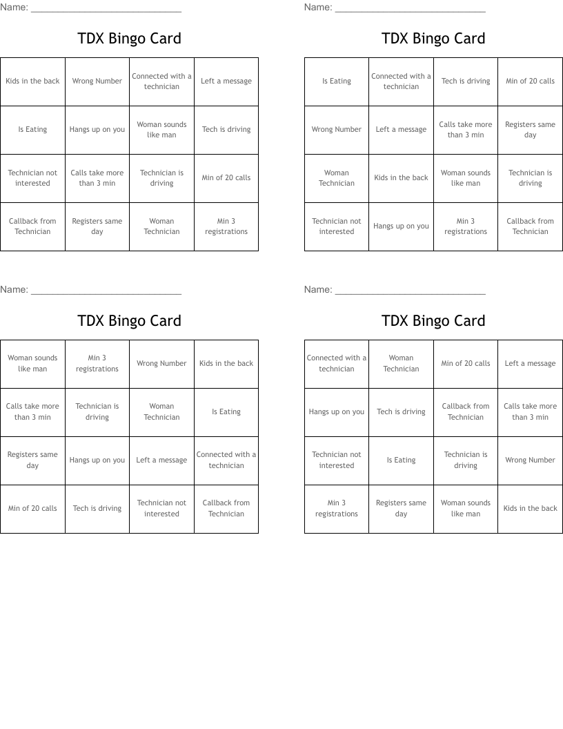 TDX Bingo Card