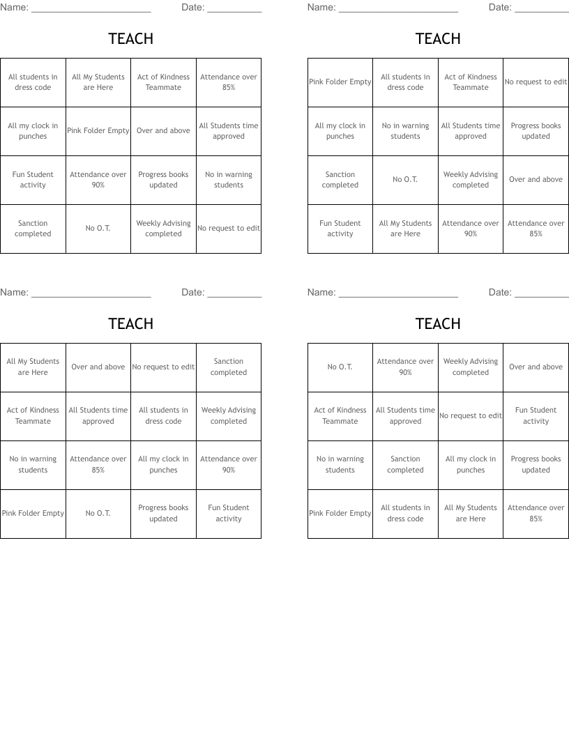 TEACH Bingo Cards