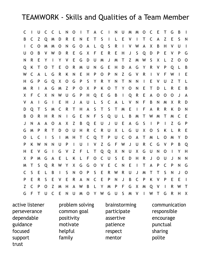 TEAMWORK - Skills and Qualities of a Team Member Word Search
