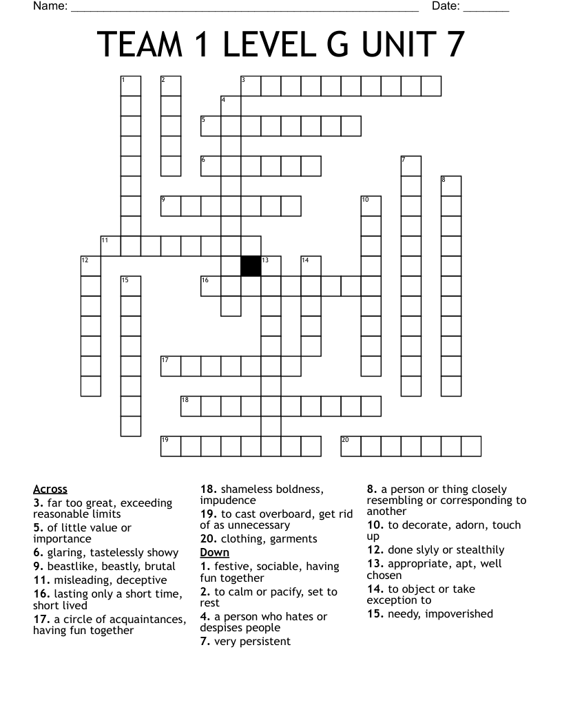 TEAM 1 LEVEL G UNIT 7 Crossword