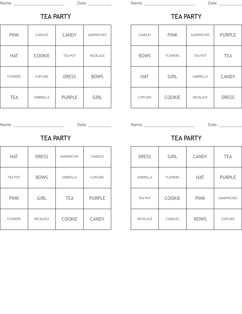 TEA PARTY Bingo Cards