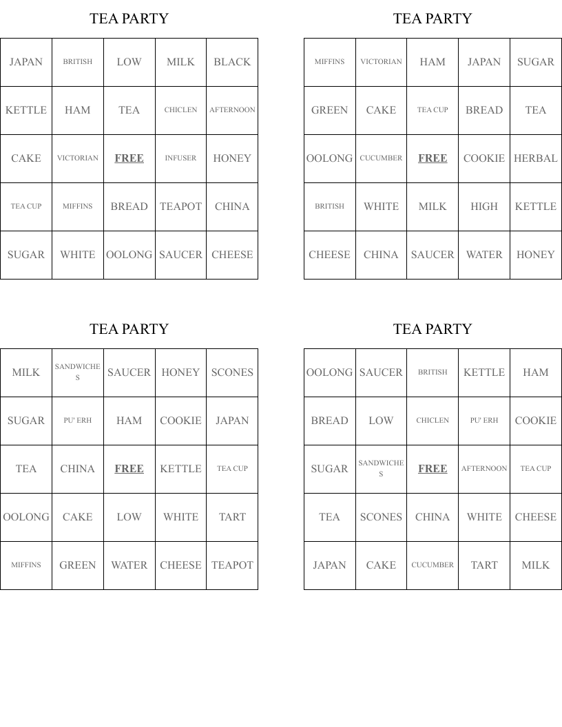 TEA PARTY Bingo Cards