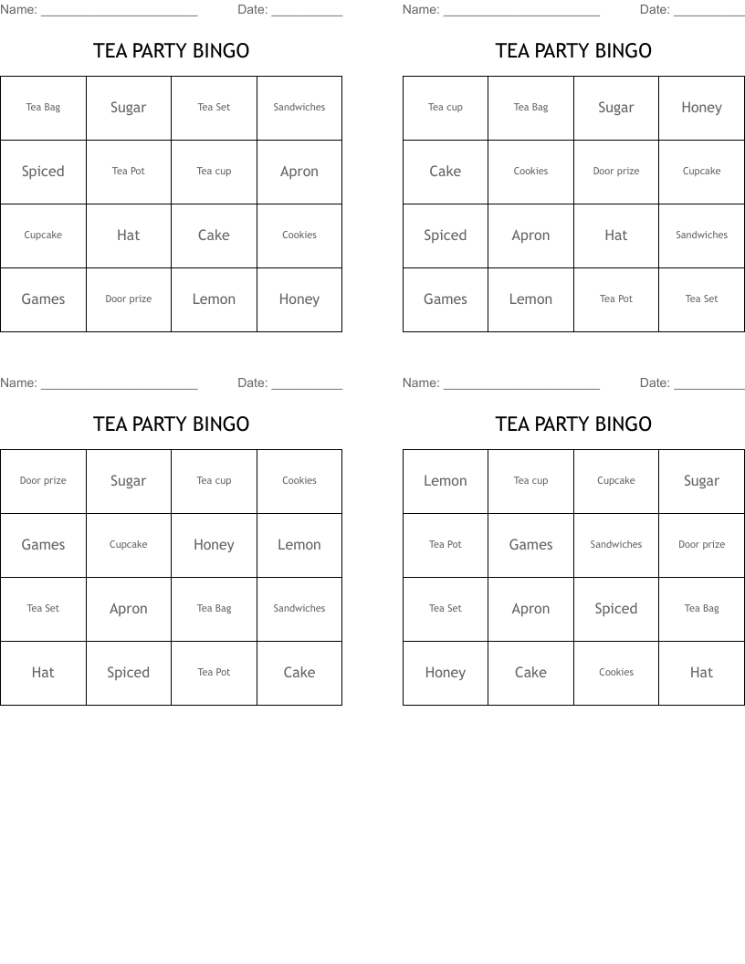 TEA PARTY BINGO