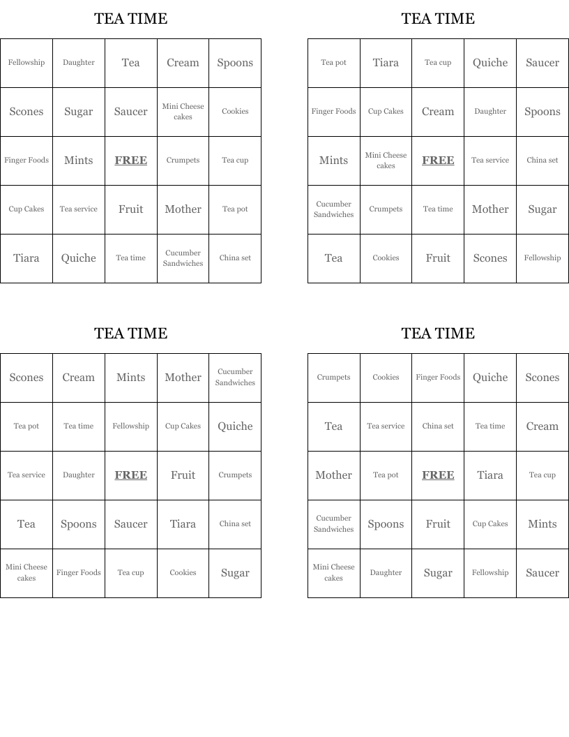 TEA TIME Bingo Cards