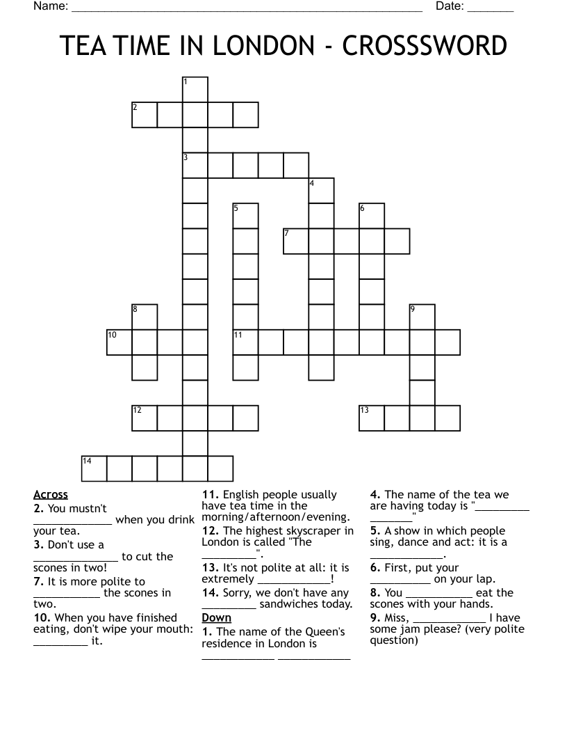 TEA TIME IN LONDON - CROSSSWORD Crossword