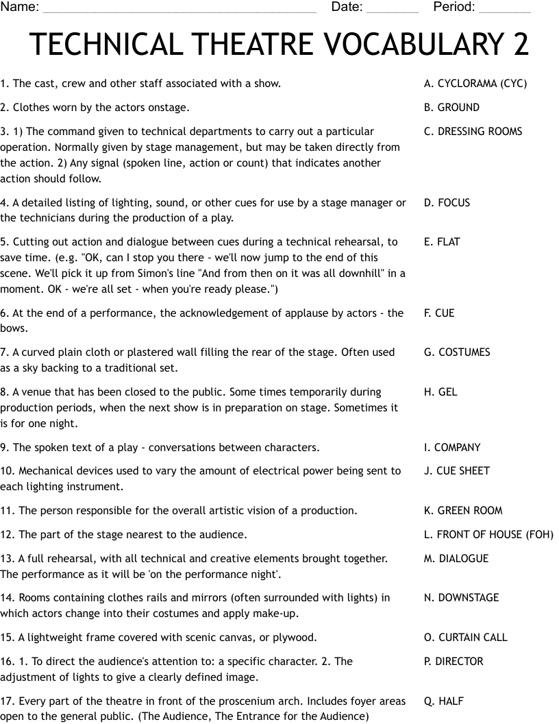 TECHNICAL THEATRE VOCABULARY 2 Worksheet