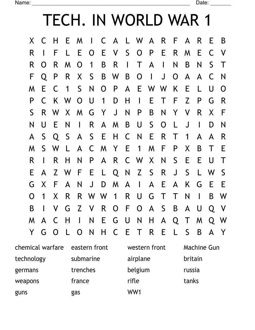 TECH. IN WORLD WAR 1 Word Search