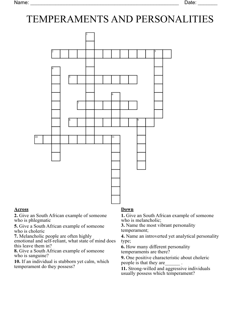 TEMPERAMENTS AND PERSONALITIES  Crossword