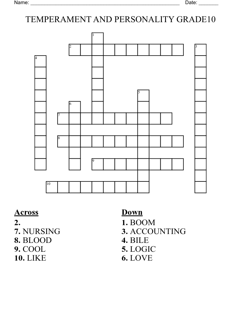 TEMPERAMENT AND PERSONALITY GRADE10 Crossword