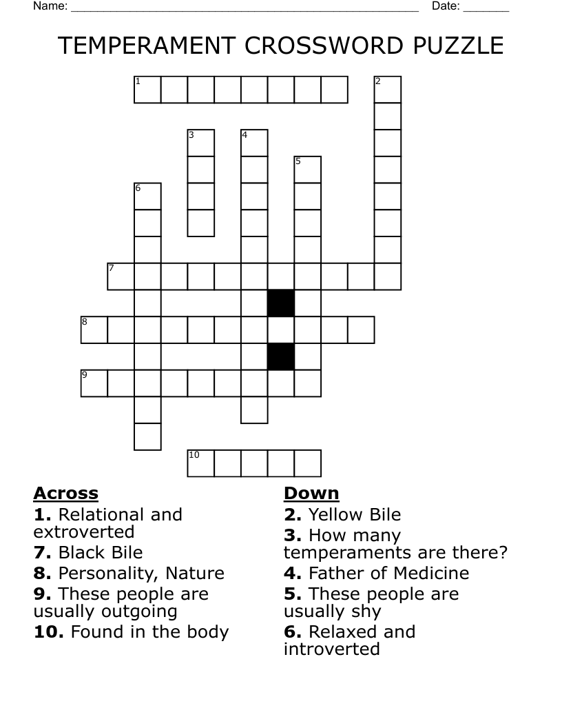 TEMPERAMENT CROSSWORD PUZZLE
