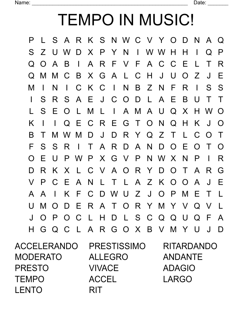 TEMPO IN MUSIC! Word Search