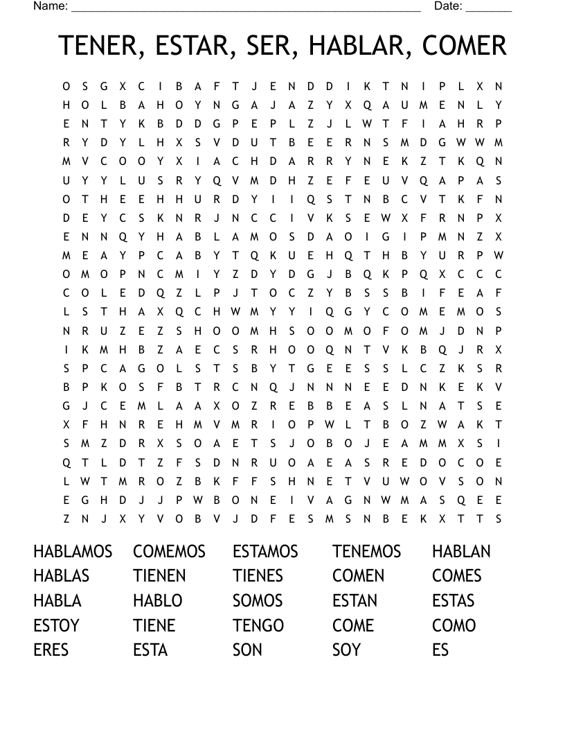 TENER, ESTAR, SER, HABLAR, COMER Word Search