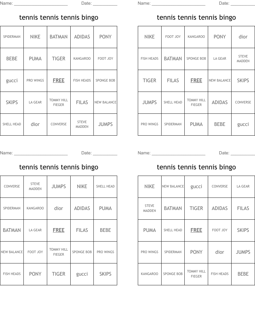 tennis tennis tennis bingo