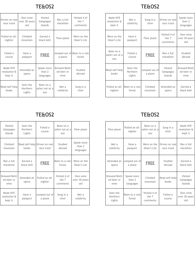 TE&OS2 Bingo Cards