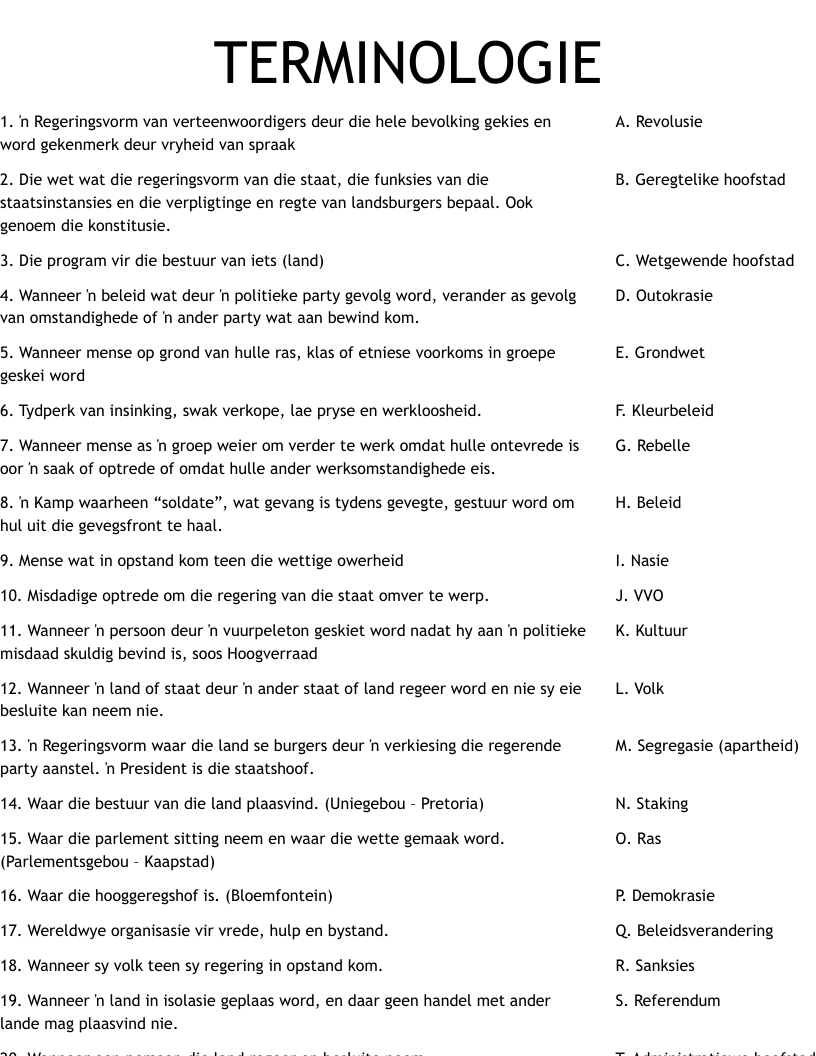 TERMINOLOGIE Worksheet