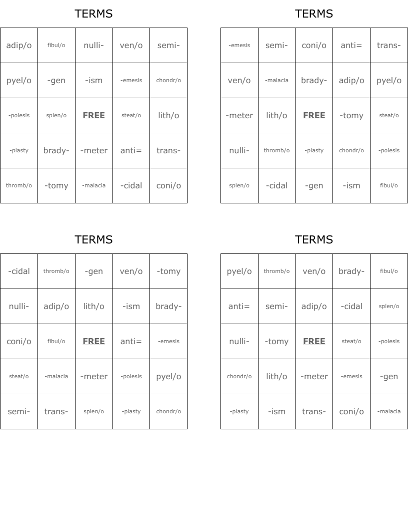 TERMS Bingo Cards