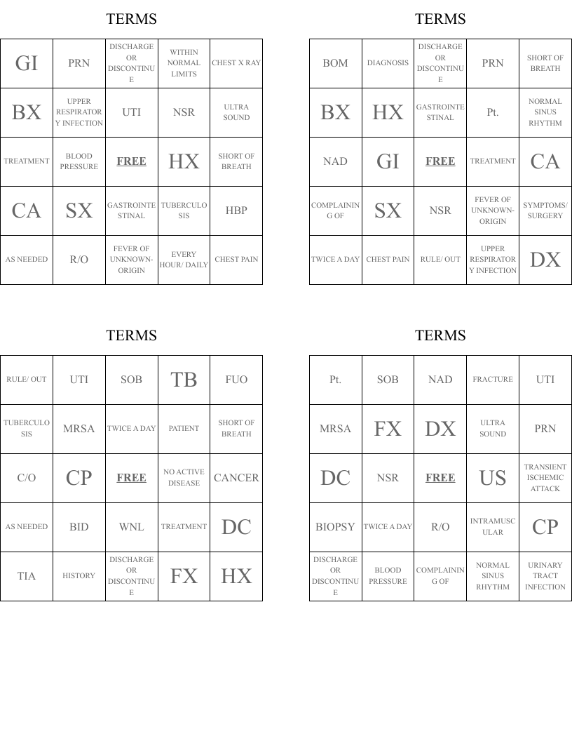 TERMS Bingo Cards
