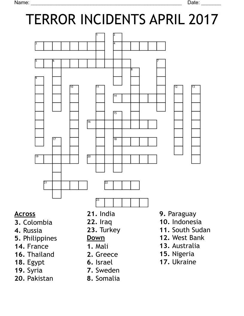 TERROR INCIDENTS APRIL 2017 Crossword