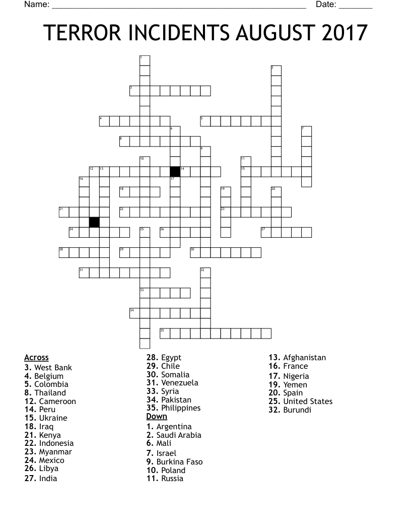 TERROR INCIDENTS AUGUST 2017 Crossword