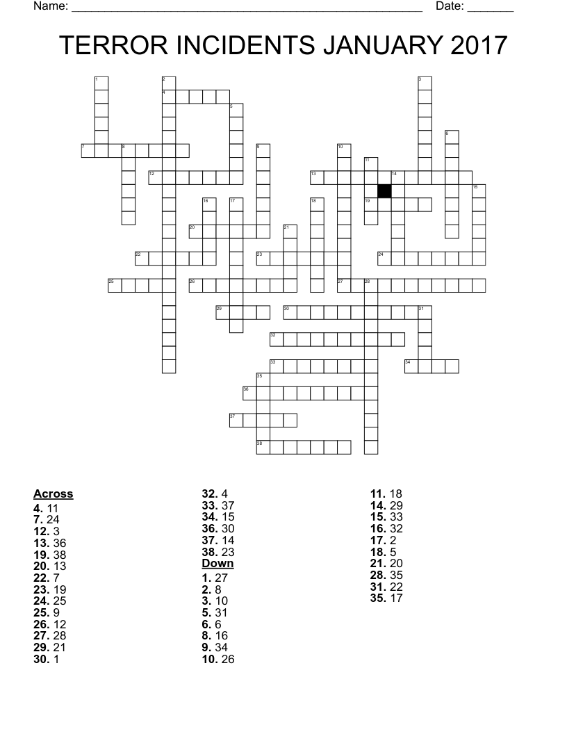 TERROR INCIDENTS JANUARY 2017 Crossword