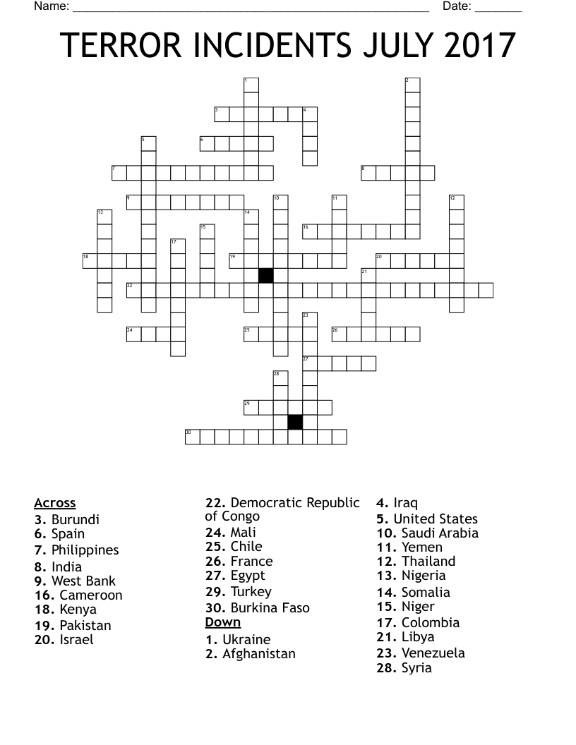 TERROR INCIDENTS JULY 2017 Crossword