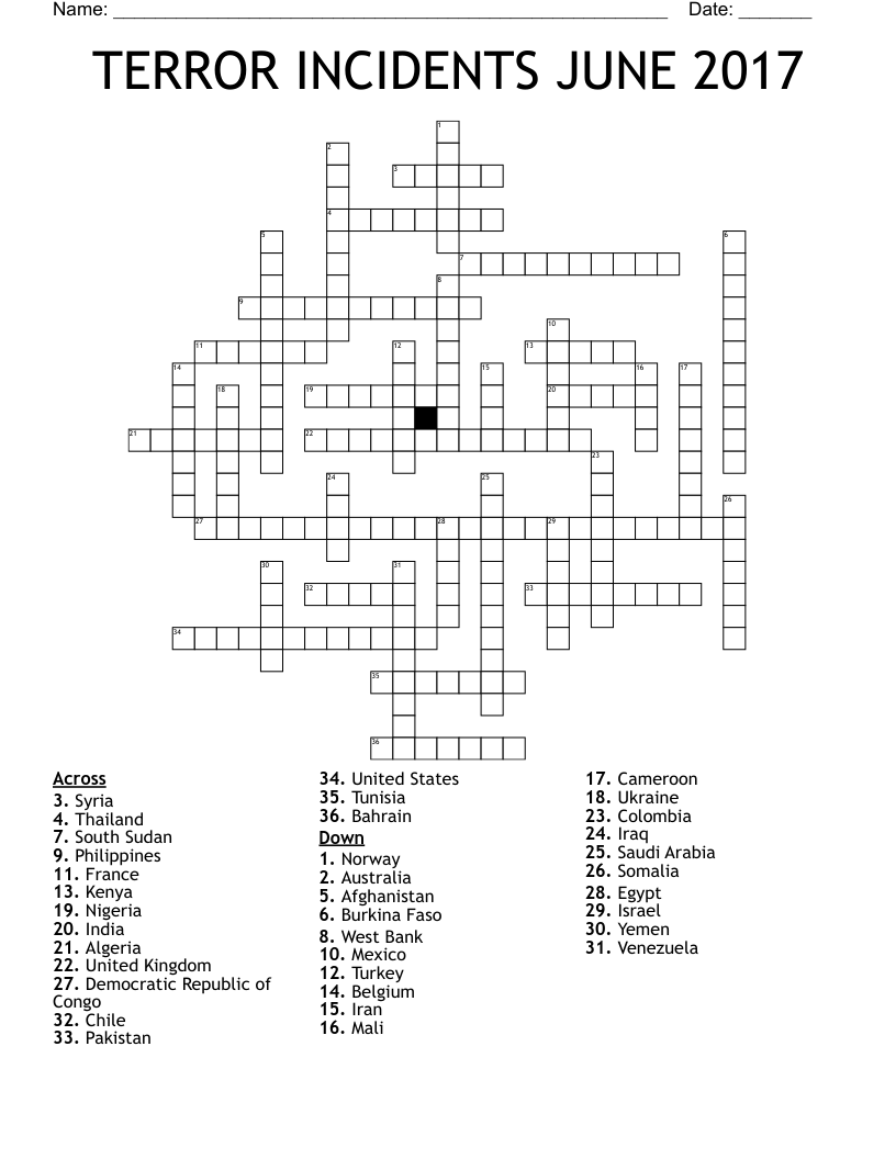 TERROR INCIDENTS JUNE 2017 Crossword