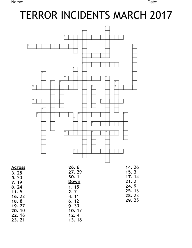 TERROR INCIDENTS MARCH 2017 Crossword