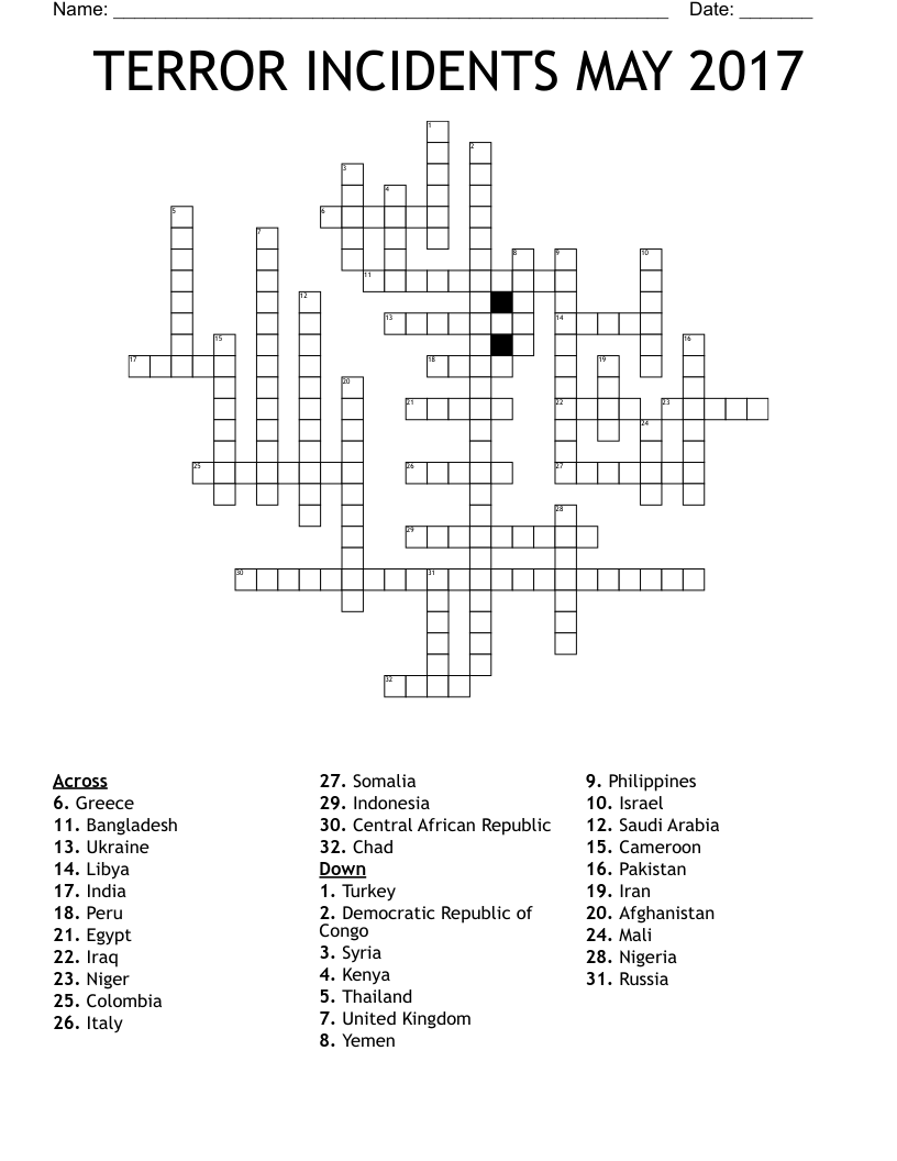 TERROR INCIDENTS MAY 2017 Crossword
