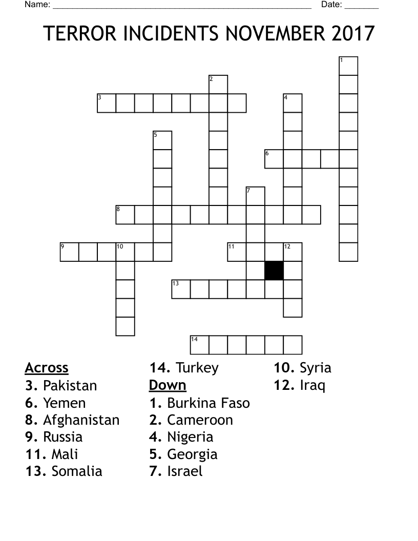 TERROR INCIDENTS NOVEMBER 2017 Crossword