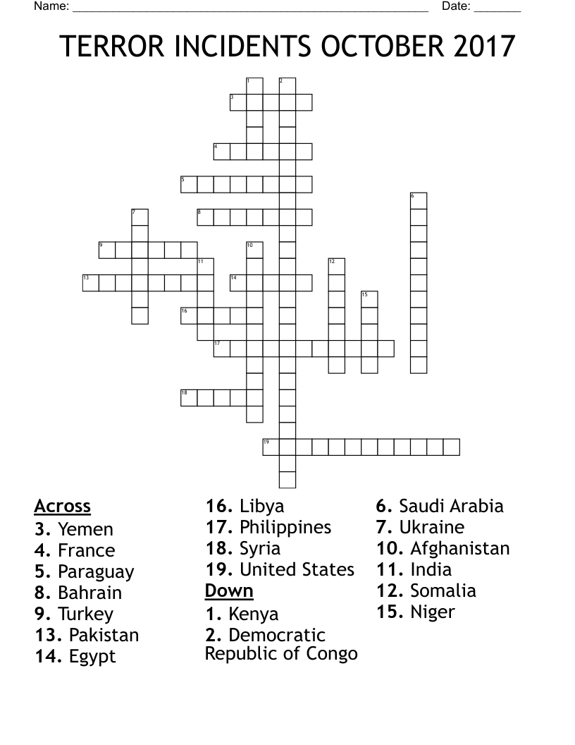 TERROR INCIDENTS OCTOBER 2017 Crossword