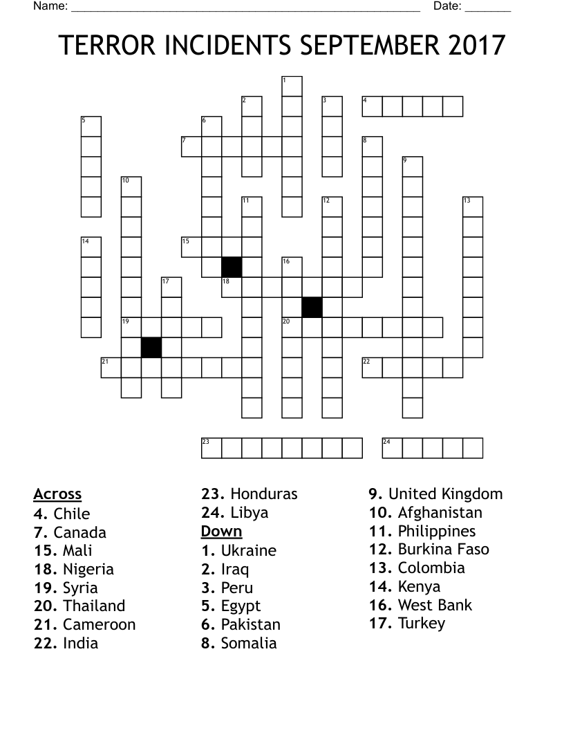 TERROR INCIDENTS SEPTEMBER 2017 Crossword