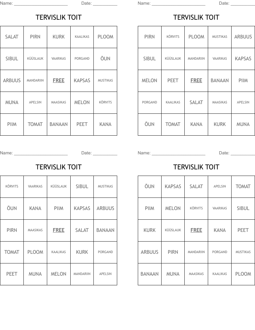 TERVISLIK TOIT Bingo Cards