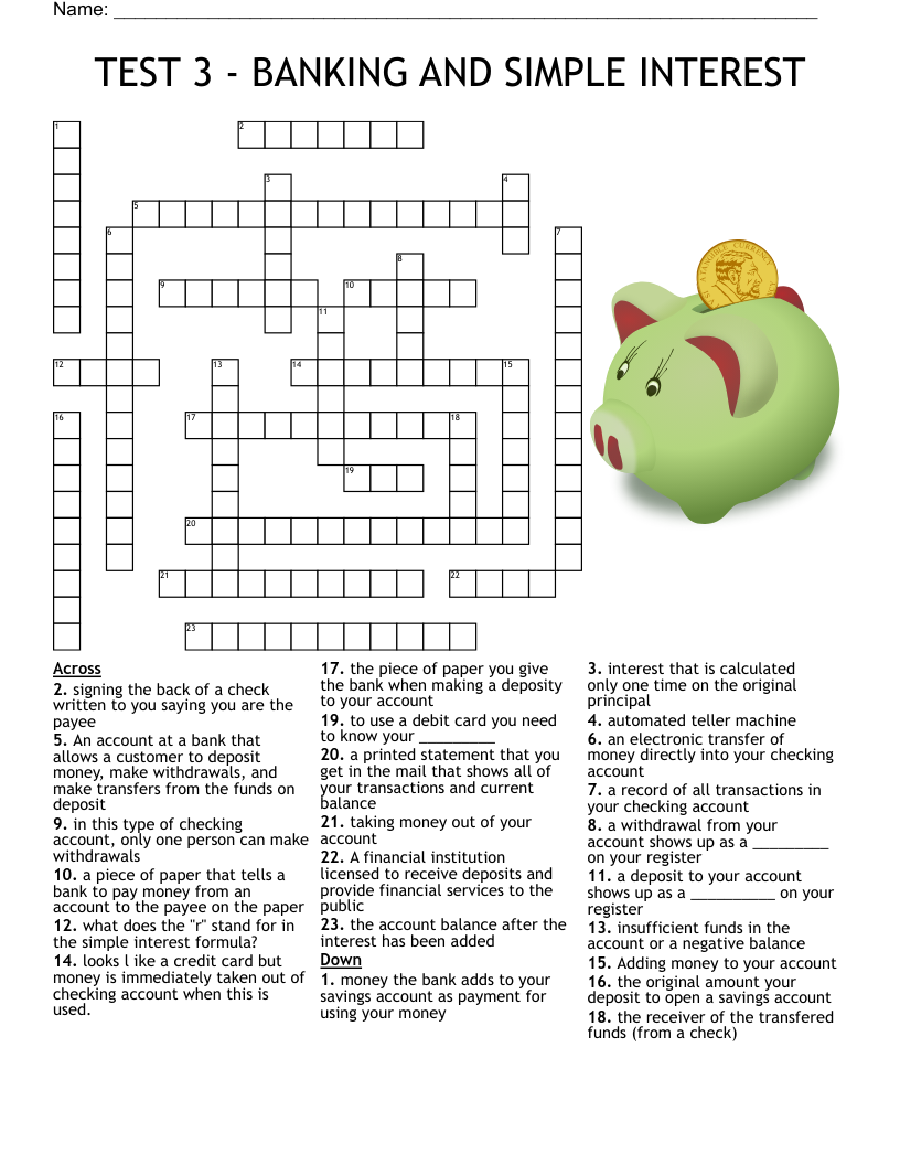 TEST 3 - BANKING AND SIMPLE INTEREST Crossword