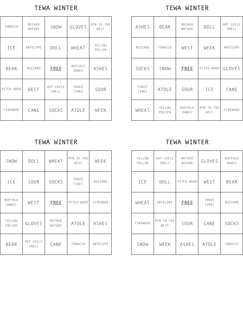 TEWA WINTER Bingo Cards