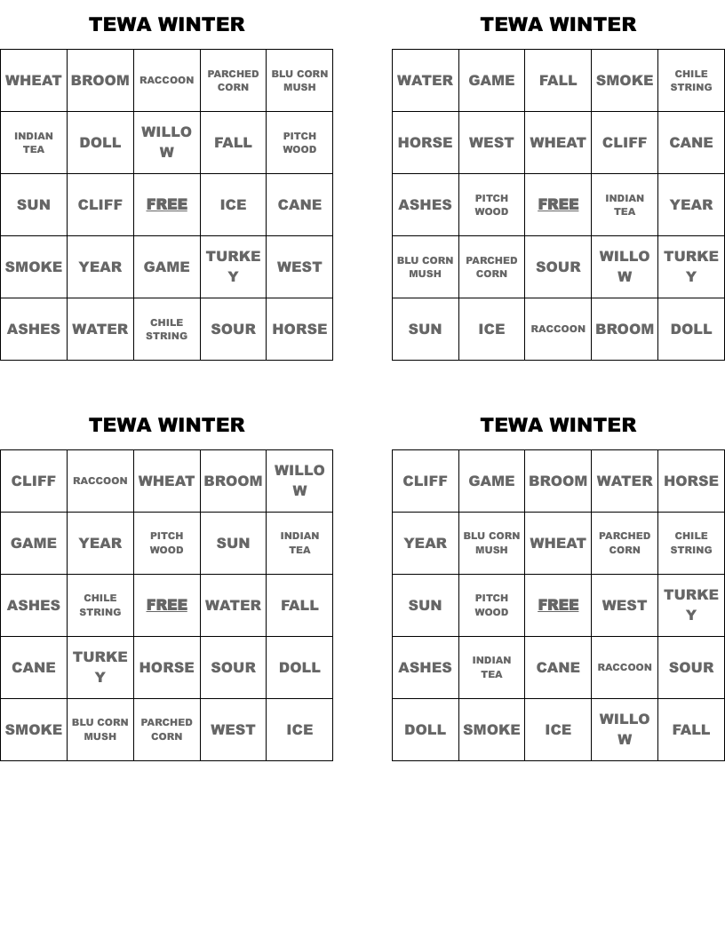 TEWA WINTER Bingo Cards