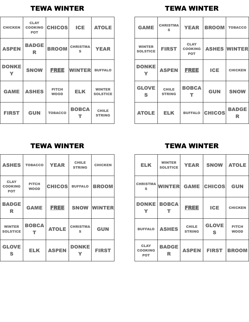 TEWA WINTER Bingo Cards