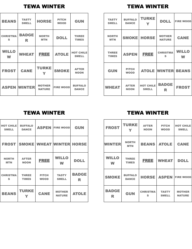 TEWA WINTER Bingo Cards